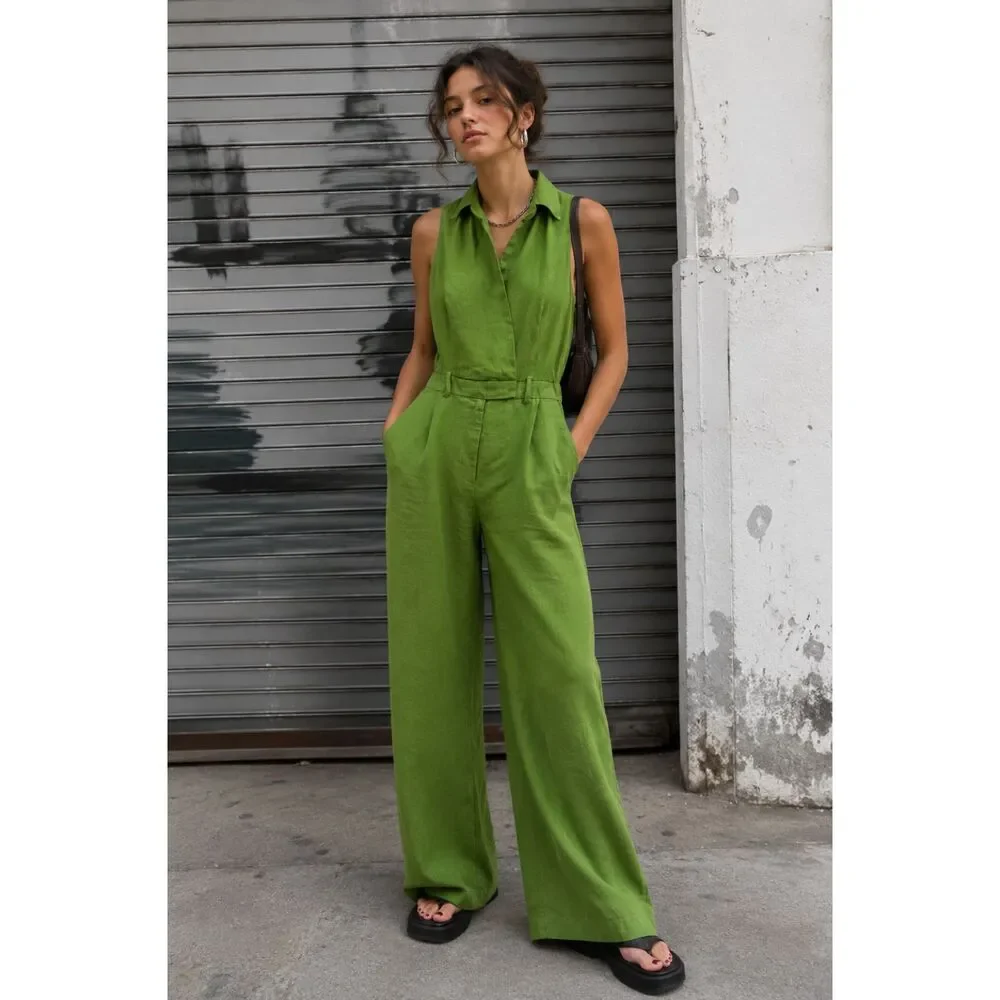 ZARA Green Linen Belted Sleeveless Wide Leg Jumpsuit Overalls Women's Size Small